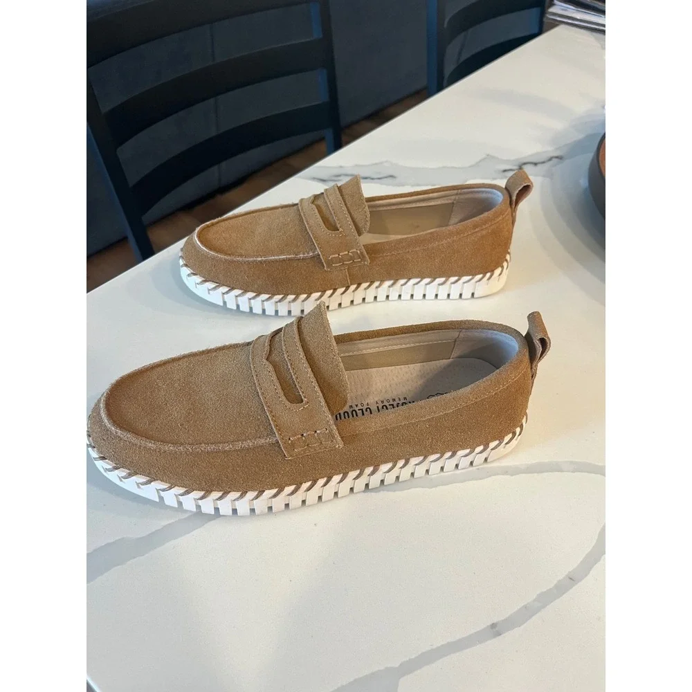 Project Cloud Filide.A Tan Suede Penny Loafers Womens 8.5 Memory Foam‎ Platform